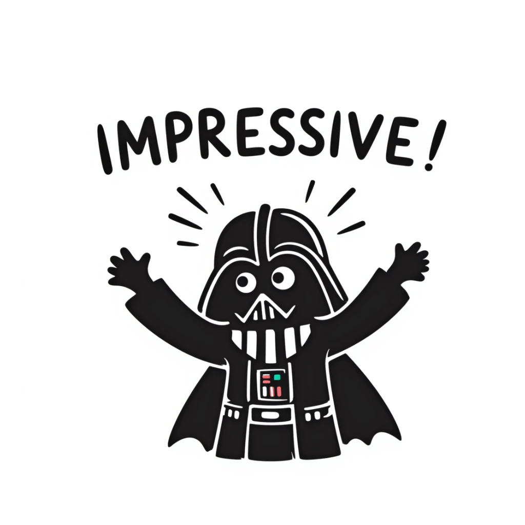 Darth Vader holding his hands above his head and saying IMPRESSIVE, energetic and bold, comic-like, dramatic pose and text, inspired by Destiny 2 Shaxx 'impressive' emoji sticker