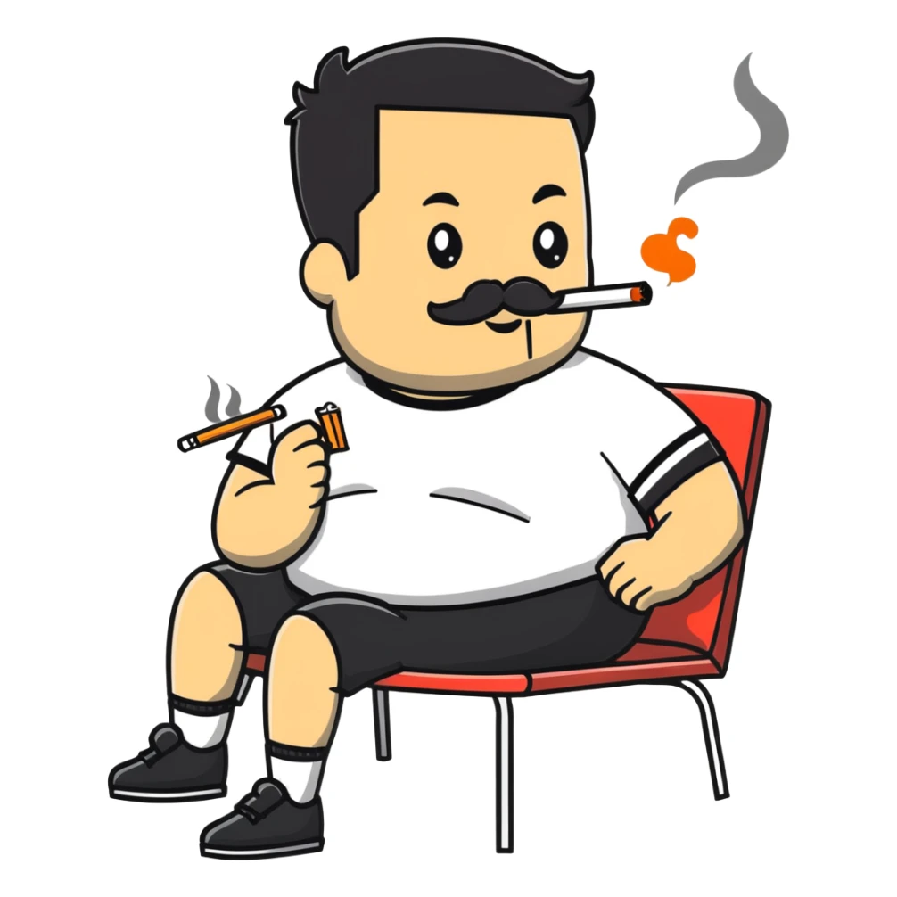 Heavy-set man leaning back in chair with legs spread, smoking cigarette, exposed belly, round face, short black hair, well-groomed beard with mustache, black t-shirt with light stripes on top portion, sleeves rolled up, black shorts, arms decorated with black graphic tattoo patterns on forearms and shoulders sticker
