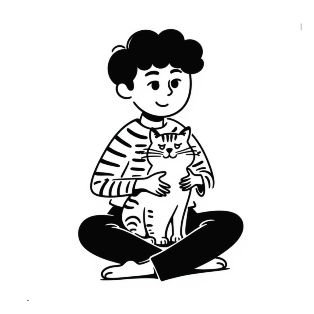 A boy sitting cross-legged with a tabby cat in his lap sticker