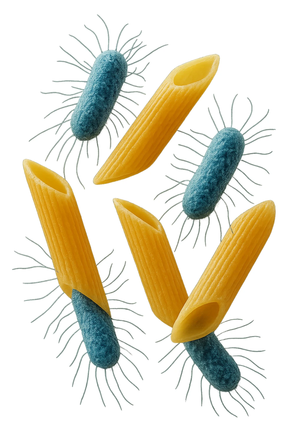 SEI BATTERI intestinALI FLUTTUANO IN ARIA CON PENNE DI PASTA RIGATE, IPERREALISTICO 4K sticker