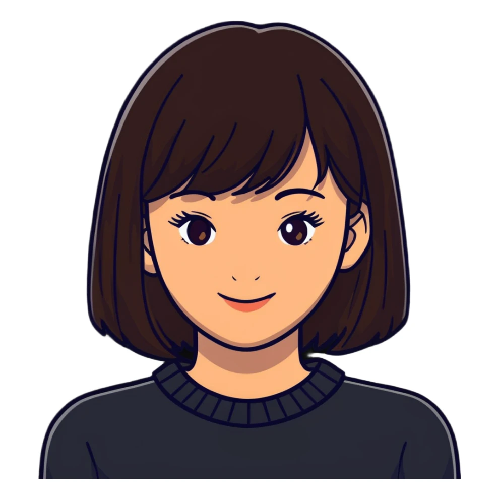 Pretty woman with dark brown bangs, subtle makeup, warm smile sticker