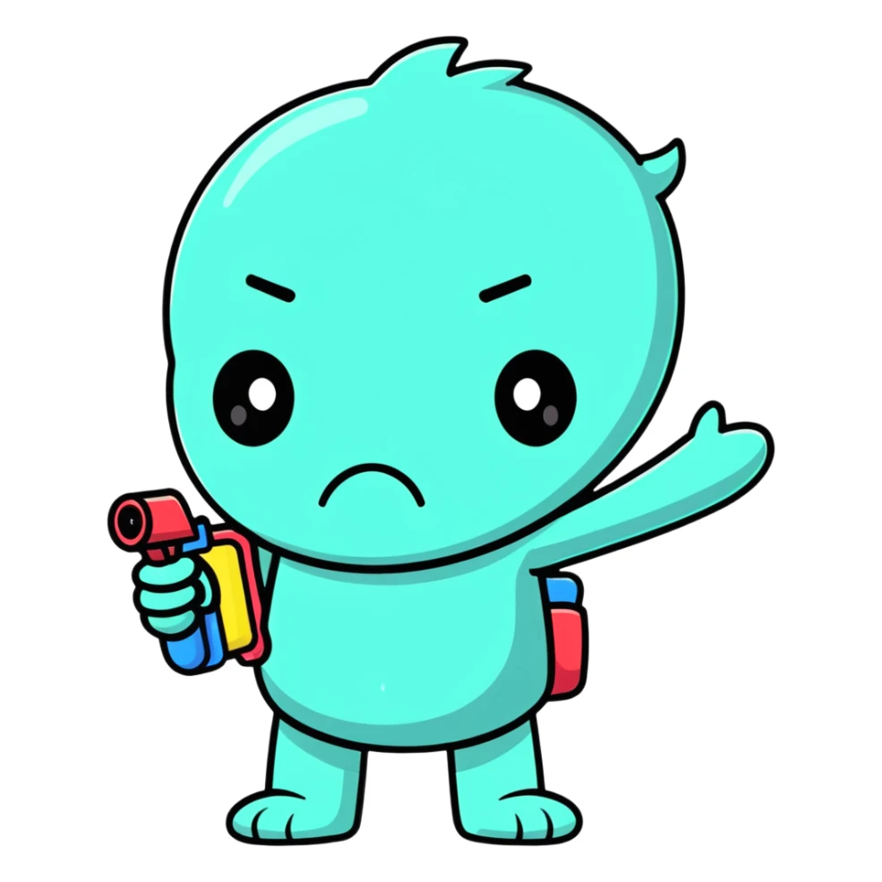 sad face character with water gun pointing directly at its temple sticker