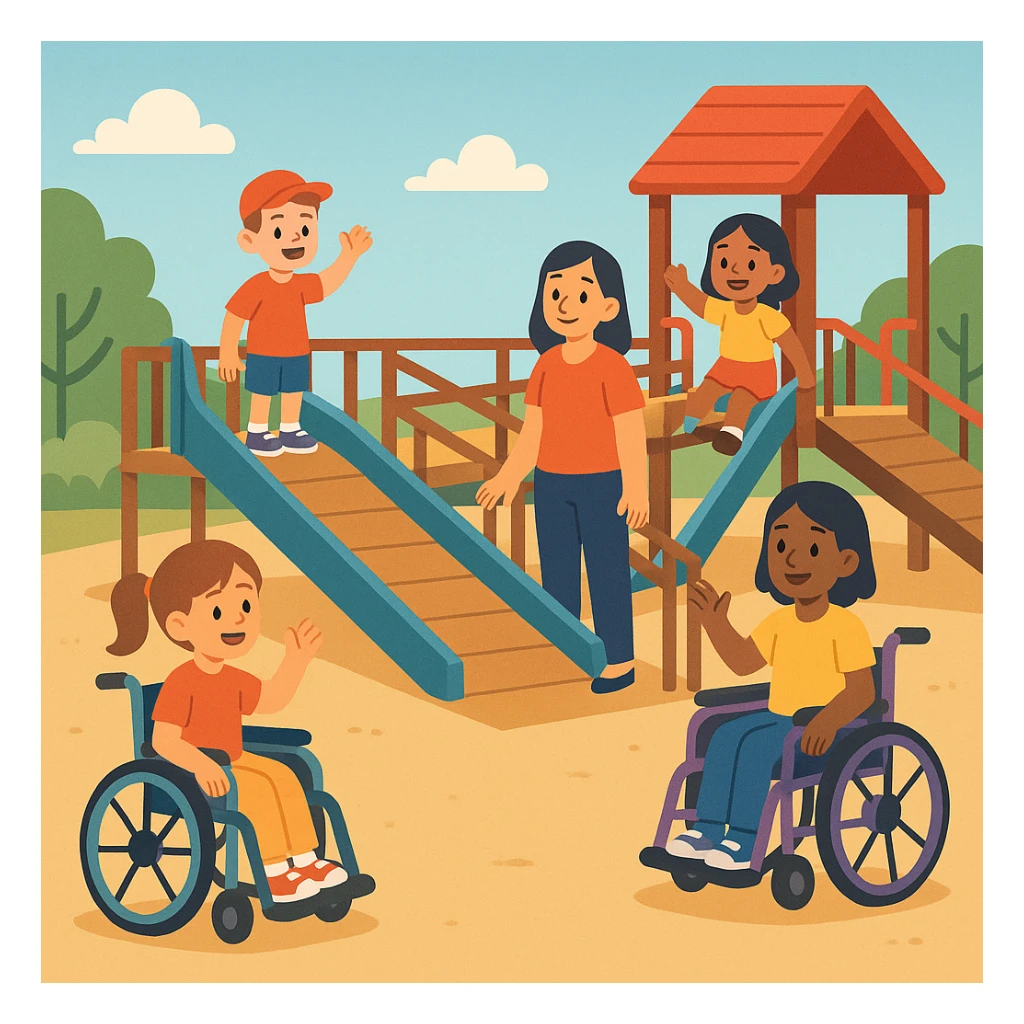 flat toon style inclusive play area with ramps, wheelchairs, and diverse group sticker