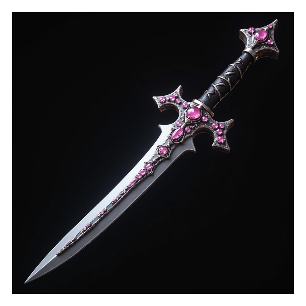realistic gothic dagger, with pink gemstones, photorealistic style sticker