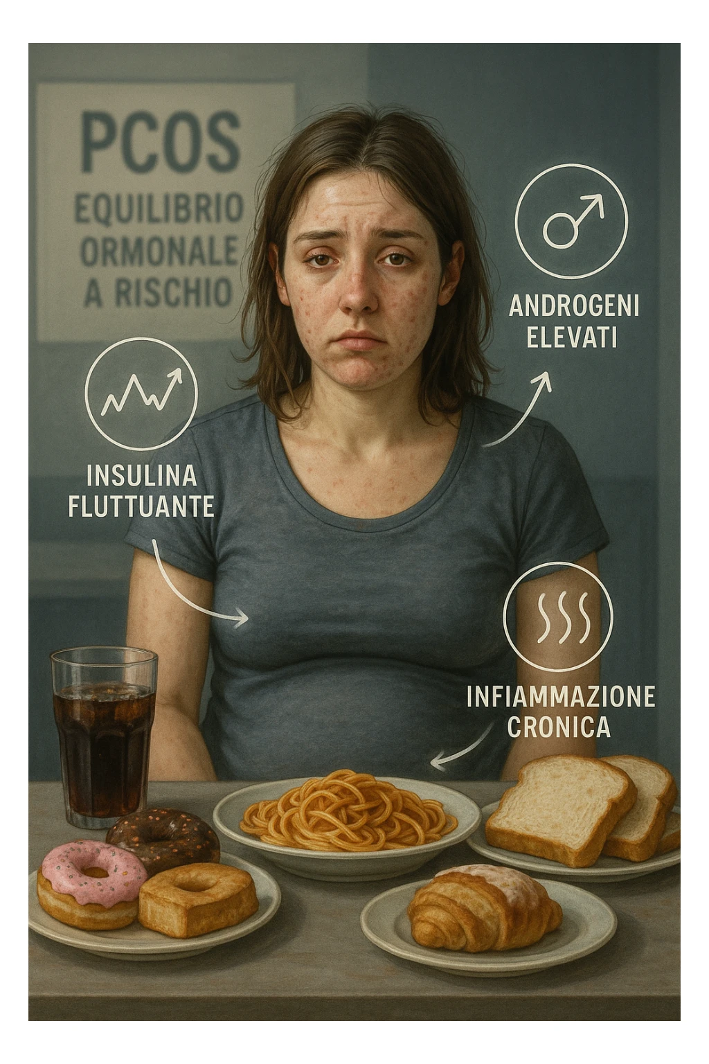 Donna tra i 25 e i 35 anni, seduta a tavola con un’espressione stanca e gonfia. Sul tavolo ci sono alimenti sbagliati per la sua condizione: dolci raffinati, pane bianco, pasta, bibite zuccherate. Intorno al suo corpo si vedono elementi simbolici che rappresentano gli effetti della PCOS peggiorata: insulina fluttuante, androgeni elevati, infiammazione bassa cronica. La sua pelle appare acneica, gonfiore addominale visibile, sguardo affaticato. Sullo sfondo, un cartello sfocato con scritto 'PCOS – equilibrio ormonale a rischio'. Stile realistico con elementi simbolici, toni freddi ma chiari in italiano sticker