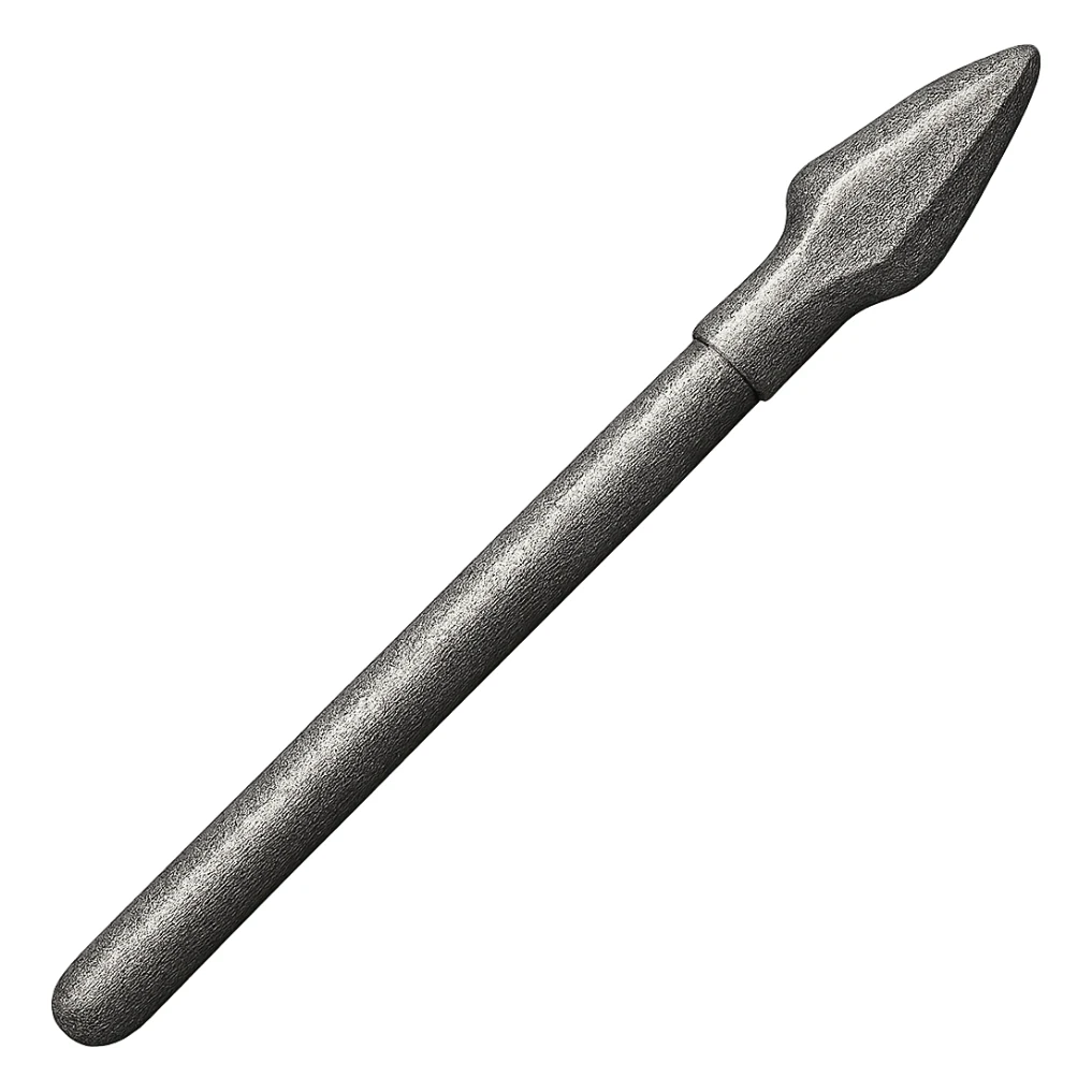 Recolor this bronze spear to a slightly worn iron, keep the same shape, realistic metallic iron, emoji style, transparent background. sticker