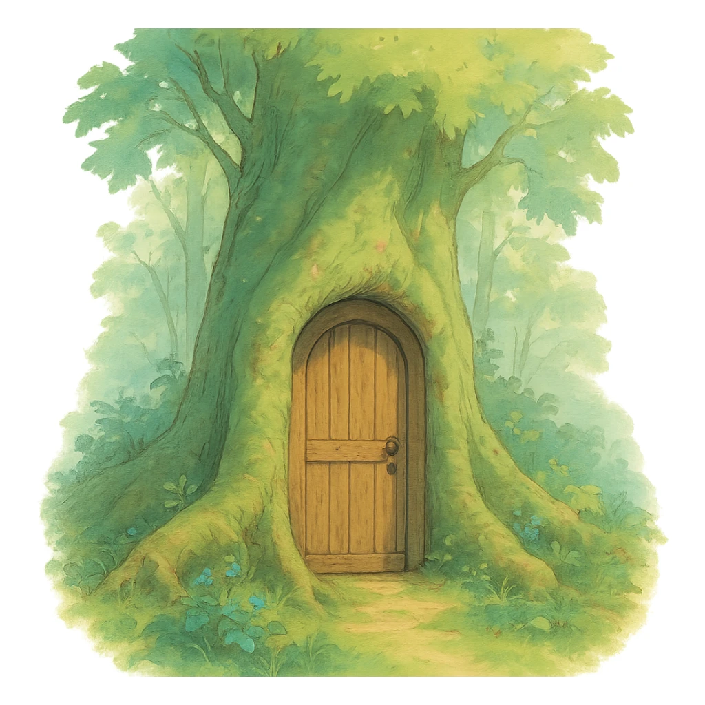 wooden door embedded in a tree, secret forest hideout vibe, soft pastel colors, ghibli style sticker