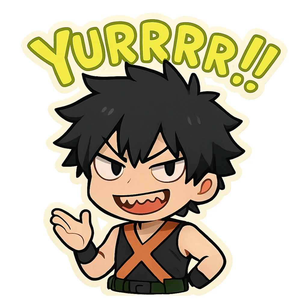 Create a chibi style illustration of Bakugou Katsuki with black hair and a mischievous toothy grin. Include the word 'Yurrrr!!' in neon lime green text above him, vibrant and playful in style. sticker