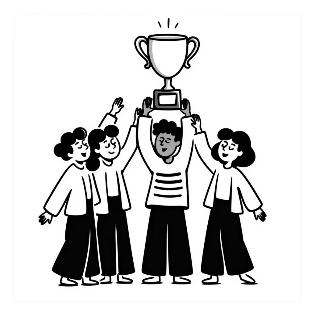 team celebrating with trophy sticker