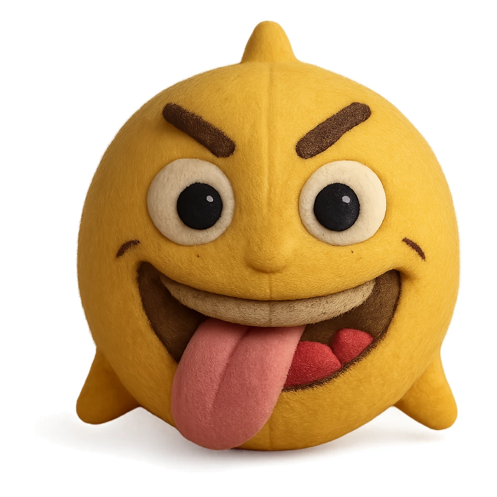 Make this crazy emoji more human with realistic skin texture, human-like eyes and mouth, keep the wild expression, 3D plush portrait style, front facing, transparent background. sticker