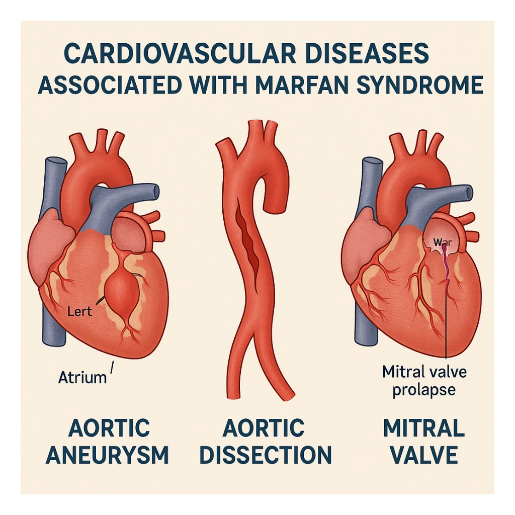 educational graphic showing cardiovascular diseases associated with Marfan syndrome, including aortic aneurysm, aortic dissection, and mitral valve prolapse, with labeled illustrations of the heart and aorta, clear and informative style, suitable for general public audience sticker