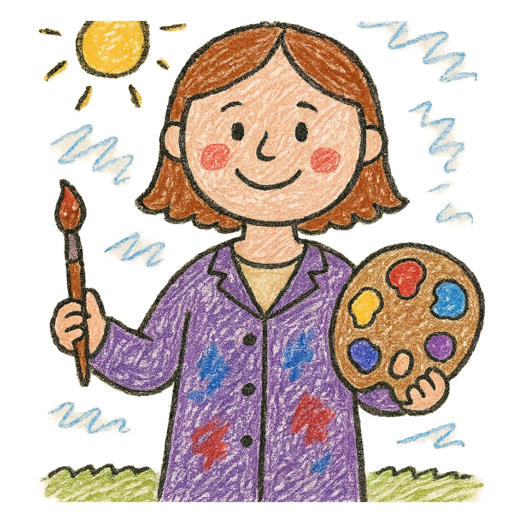 Serene female oil painter, Caucasian features, shoulder-length auburn hair, soft brown eyes, gentle smile, wearing a violet painter’s smock lightly stained with paint over a beige blouse, holding a wooden palette with vibrant colors in one hand and a brush in the other, waist-up, front-facing sticker