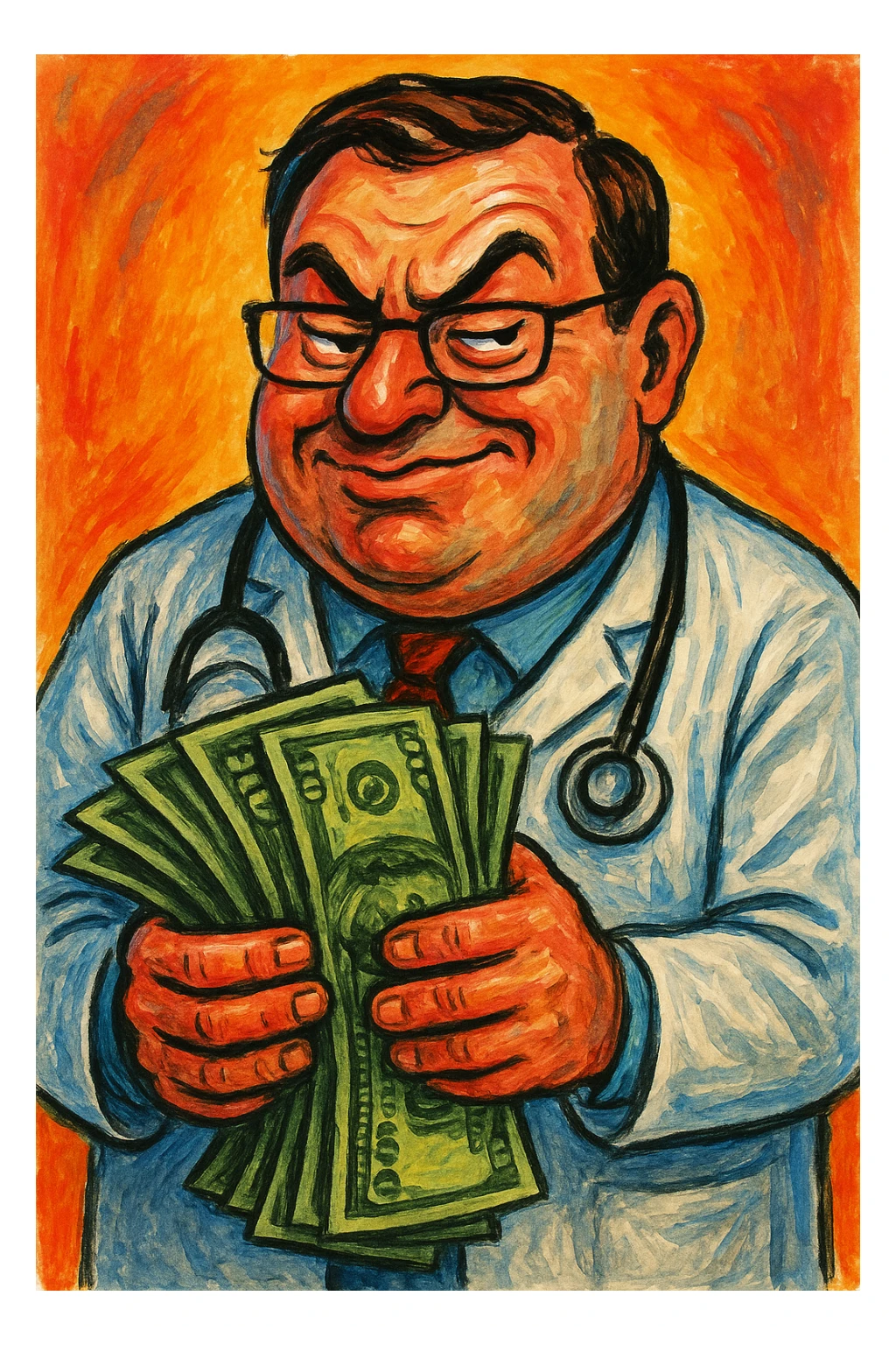 a doctor with a stethoscope holding a large bill or money, looking greedy or smug, symbolizing high charges, in a distinct artistic style sticker