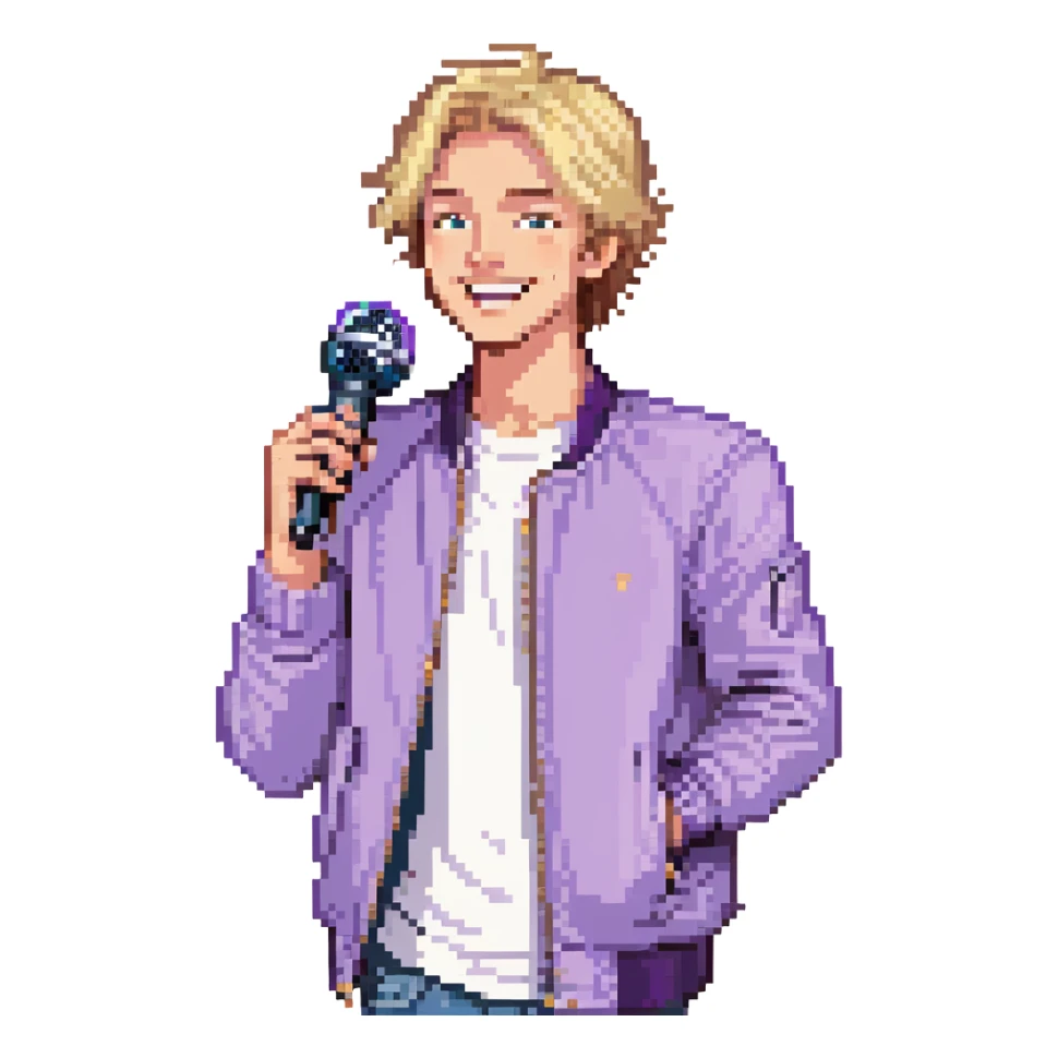 Pixel art style, expressive male performer, Caucasian features, short sandy blonde hair, lively eyes, wide cheerful smile, wearing a violet jacket over white tee, tossing a microphone in one hand, waist-up, front-facing sticker