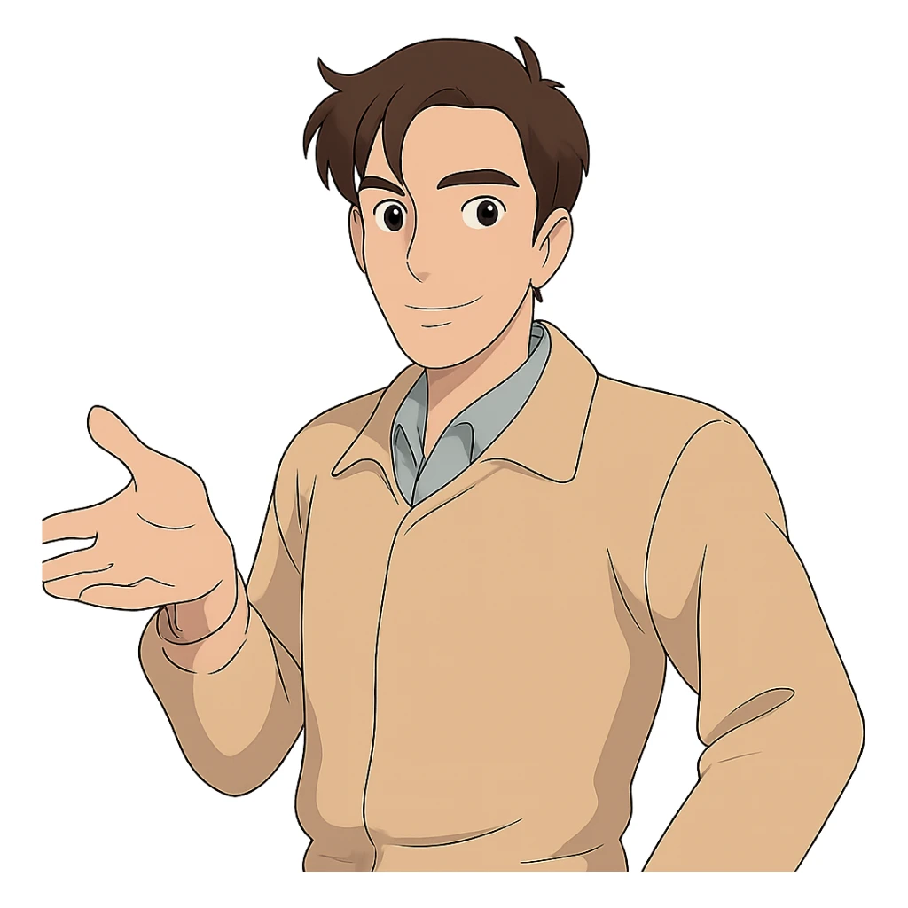 Make the man just a little bit skinnier, but keep his original handsome face, hairstyle, and friendly expression in Ghibli style. Remove the background. sticker