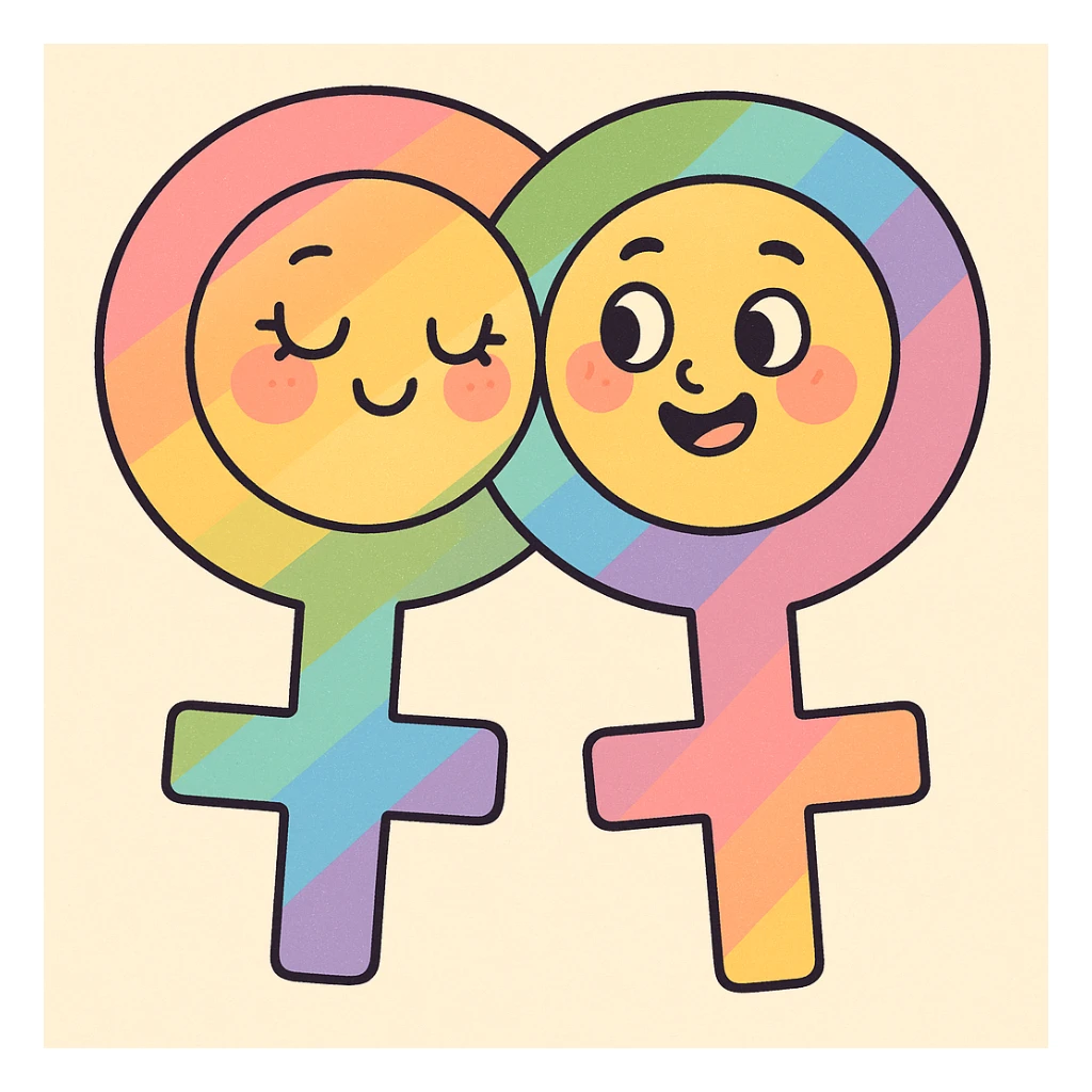 gay pride two interlocked female symbols, rainbow gradient, pastel toon style sticker