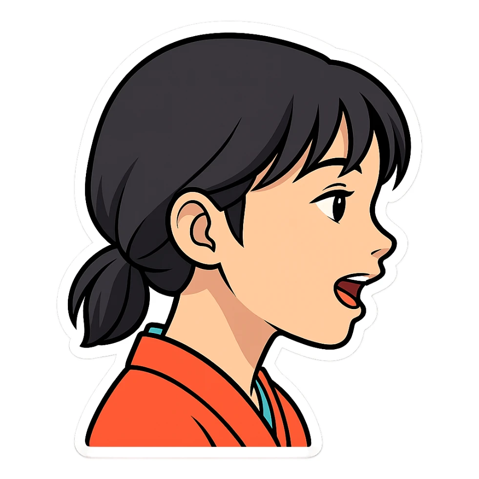 Asian girl profile, left side, talking, with a different hairstyle, in the style of sticker, no background sticker