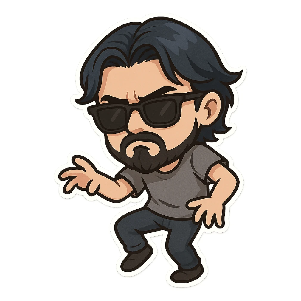 a dark brooding hipster with electric dark blue hair, surfer middle part, chin length hair, classic neat trimmed bushy goatee, black classic rayban shades, plain gray t-shirt, doing the gimmie dance, maniac dance, 1980's dance sticker
