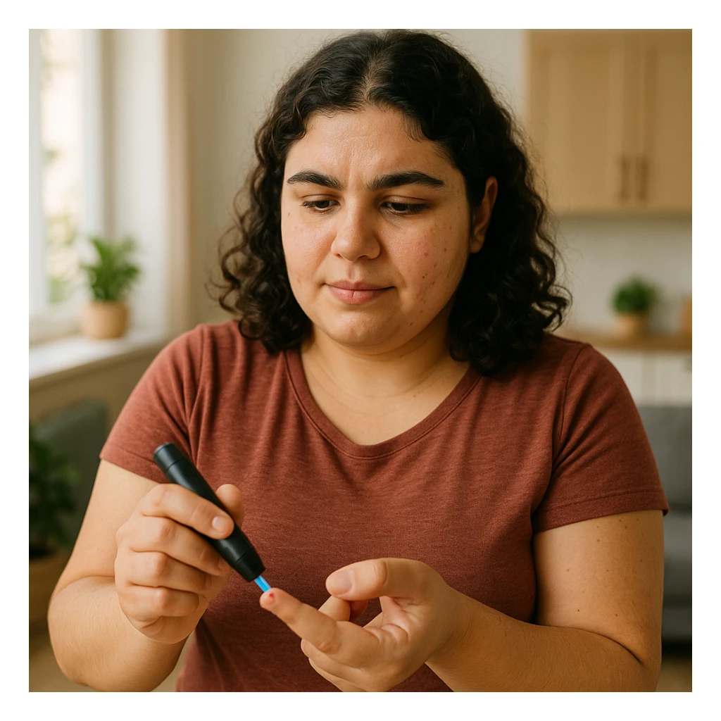 young woman with PCOS measuring blood glucose with glucometer, determined expression, positive atmosphere, realistic details, kitchen or living room background sticker