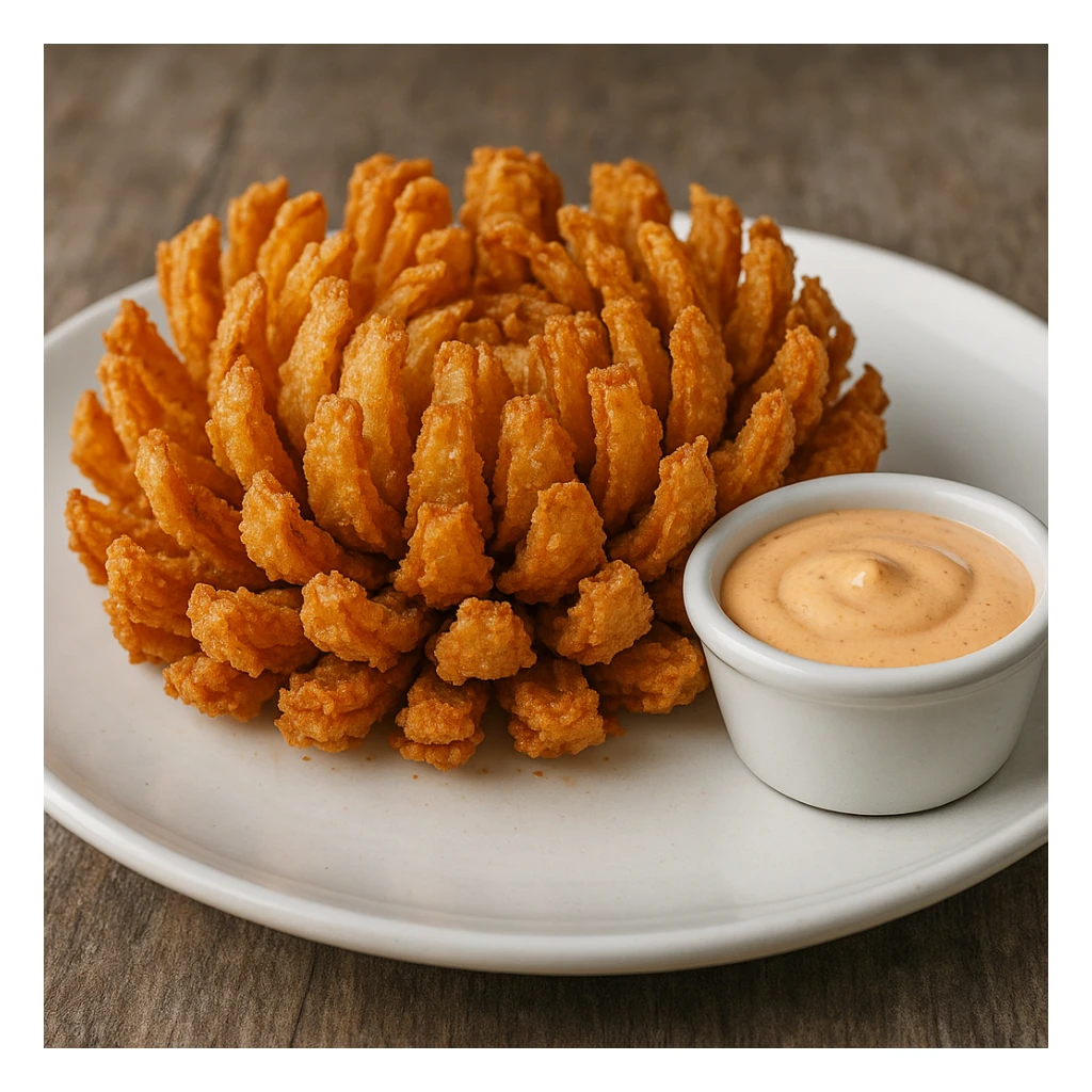 a whole deep-fried onion cut to resemble a flower, crispy and golden, served on a white plate with a ramekin of sauce, inspired by Chili's awesome blossom sticker