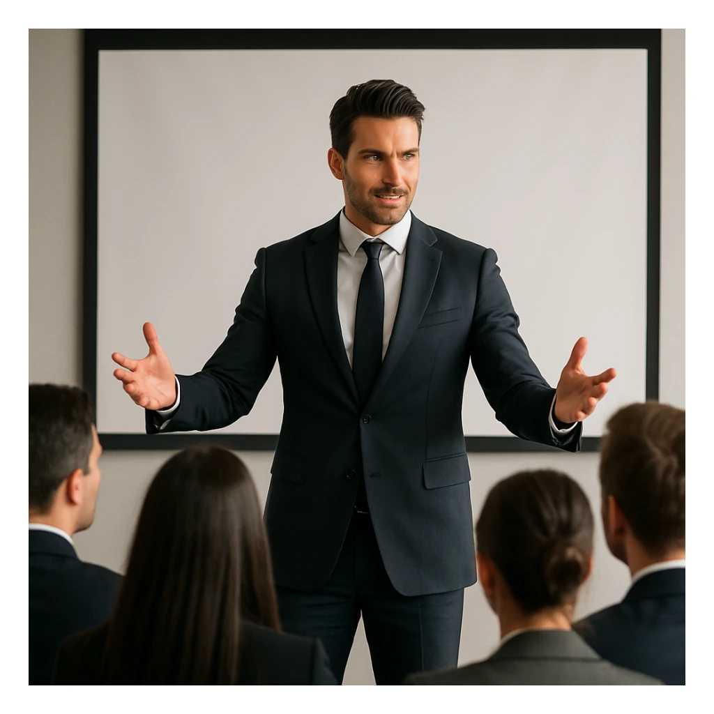 a dominant man giving a presentation in a business setting, charismatic, professional look, engaging and confident speaker sticker