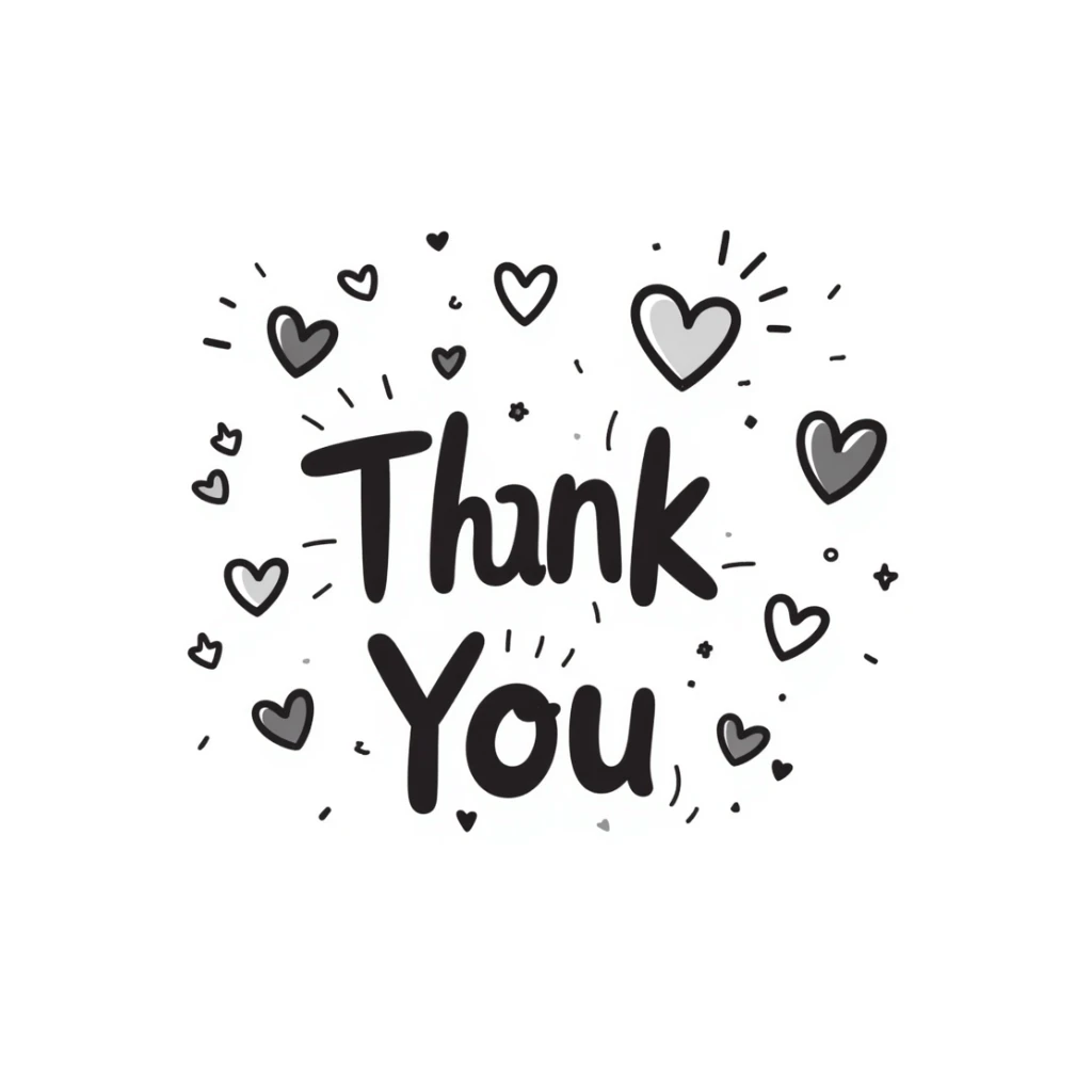 hand drawn 'Thank You' text with hearts and playful accents, doodle style sticker