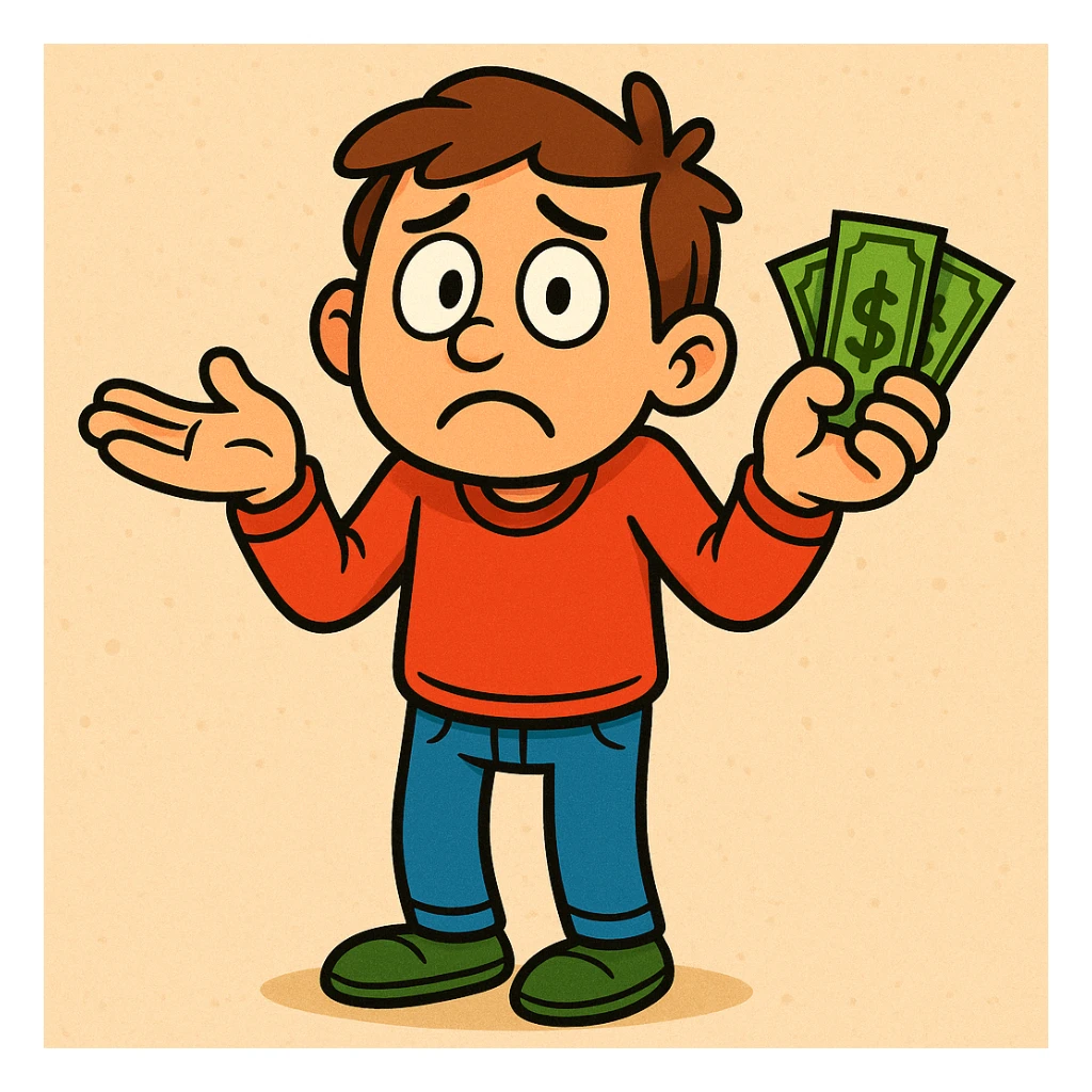cartoon character shrugging with both hands up, dollar bills in one hand, looking lost or helpless, colorful cartoon style sticker