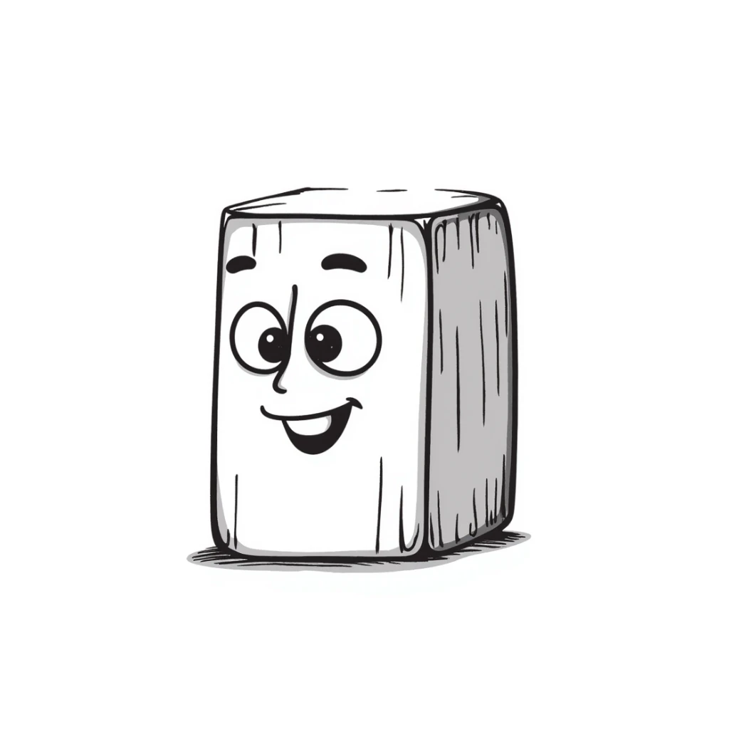 A hand-drawn wooden letter D block with a silly cute expression sticker