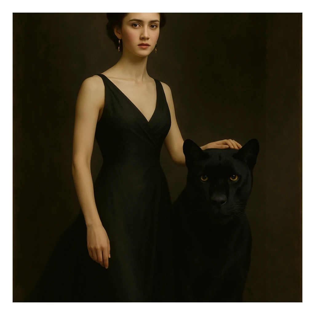 Make the panther black while keeping the woman and background unchanged. Artistic and detailed style. sticker