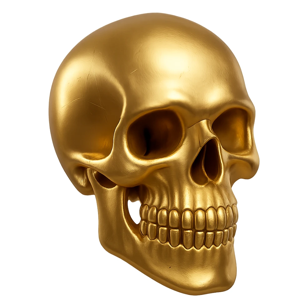 Add gold teeth to the 3d stylized cartoon skull, keep the smooth surfaces and exaggerated features, with no background. sticker