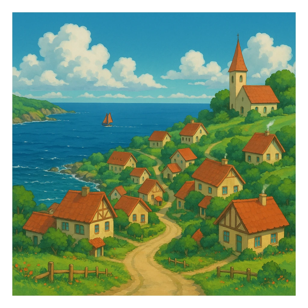 ghibli style coastal village scene sticker