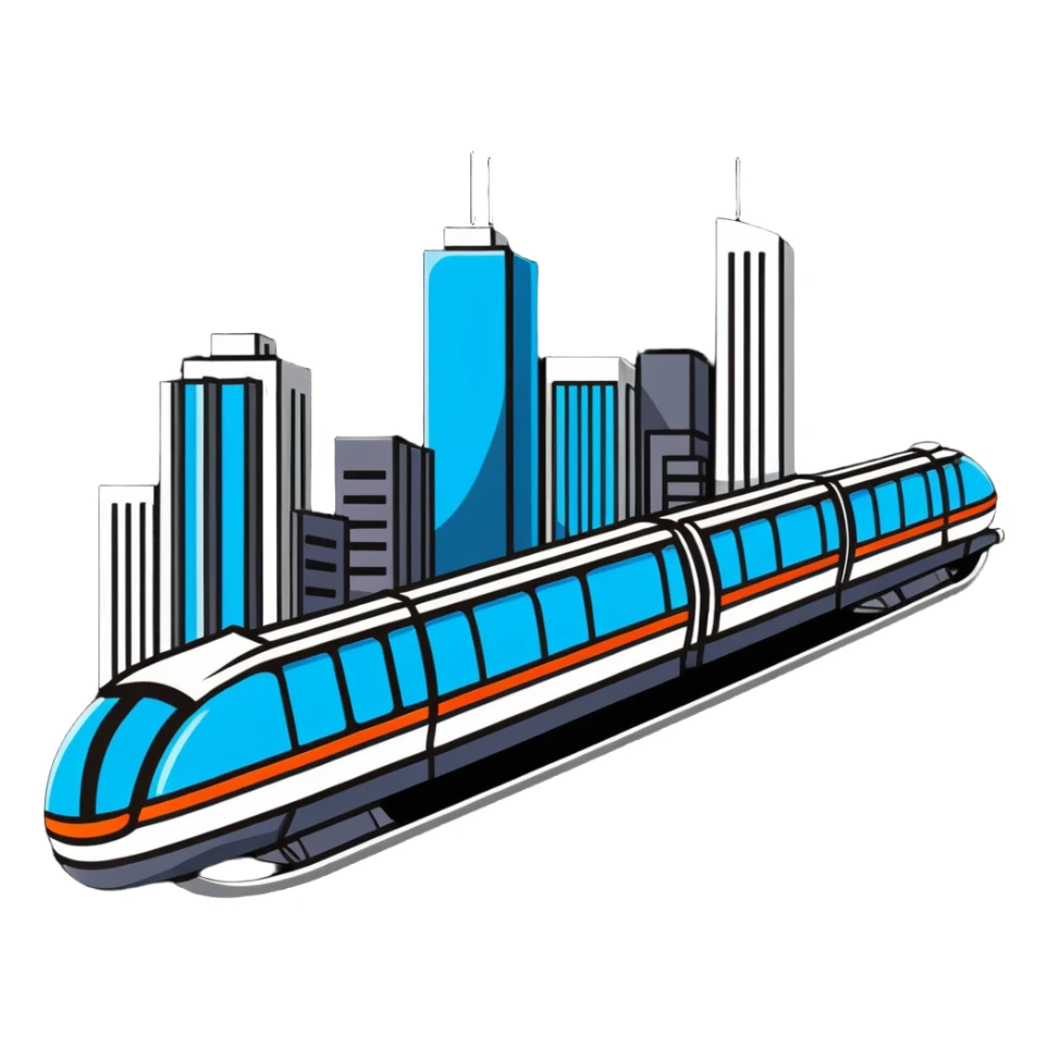 Futuristic monorail train curving above a cityscape with tall buildings sticker