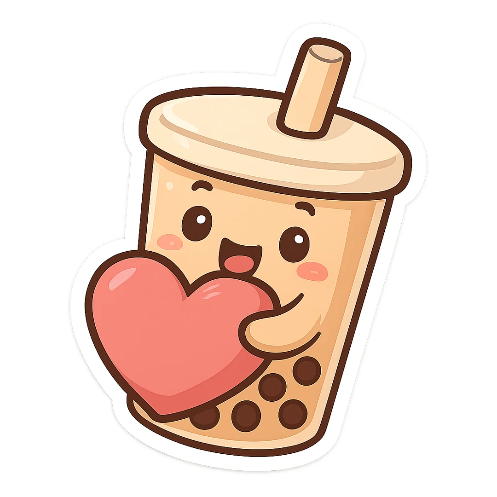 chibi sticker-style bubble tea with a big heart, cute and exaggerated sticker