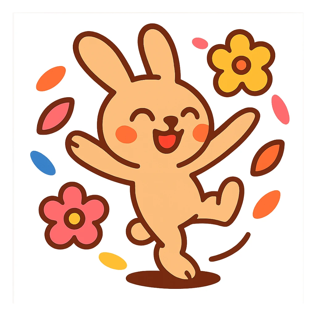 pale brown bunny spinning with flower petals around, vibrant-toon style sticker