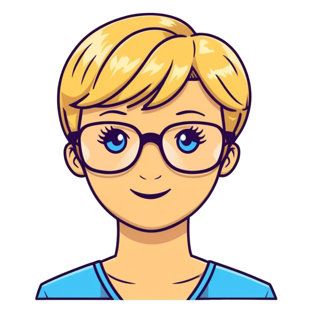 blonde teacher with pixie haircut, gold glasses, blue eyes, big eyelashes, nice smile sticker