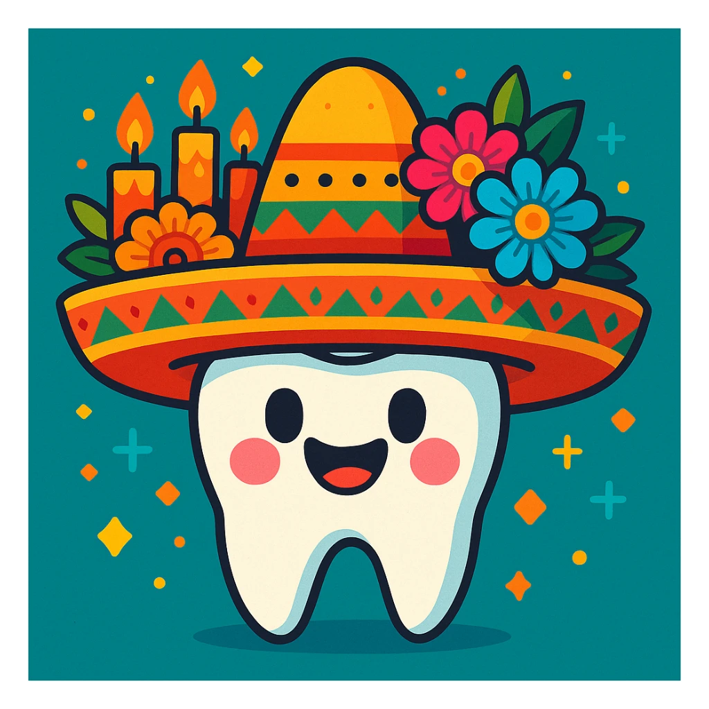 happy molar tooth wearing traditional Mexican hat, decorated with Día de Muertos elements like flowers and candles, vibrant cartoon style sticker