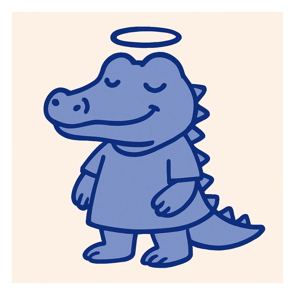 2D cute alligator with a halo, gentle eyes, no background sticker