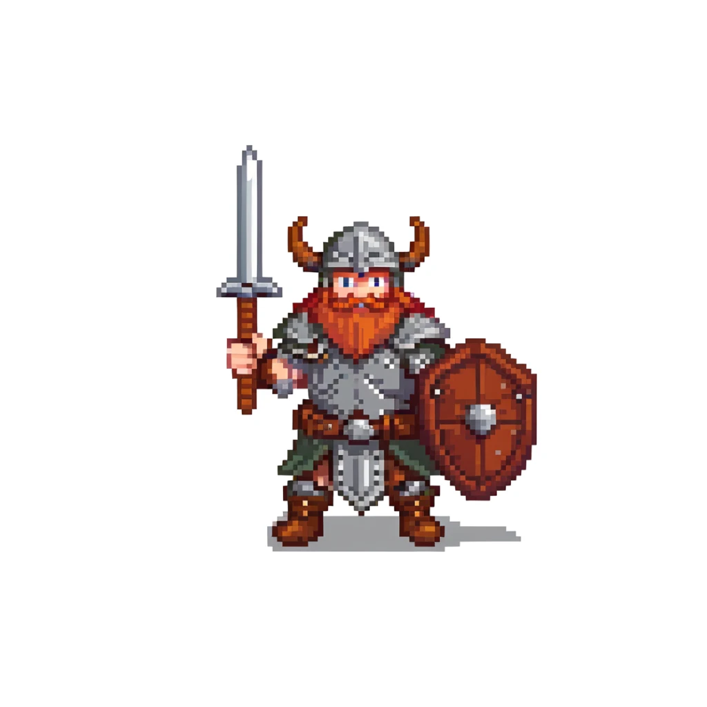 pixel art ginger viking with red beard and armor, running animation frame 4, pushing off ground sticker