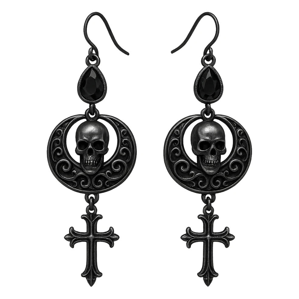 goth earrings, black and silver, edgy, dark fashion, intricate details sticker