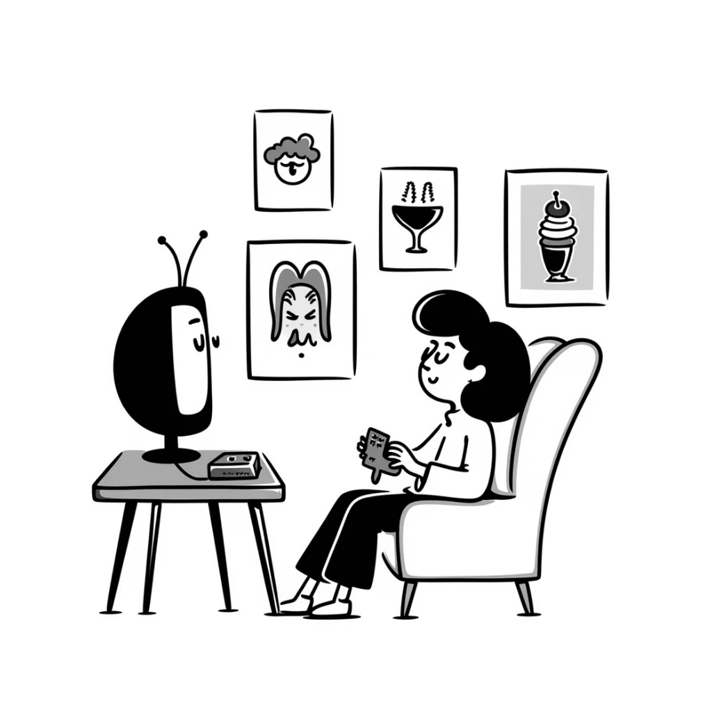 A retro gamer room with pixel posters and a console hooked to a tube TV sticker