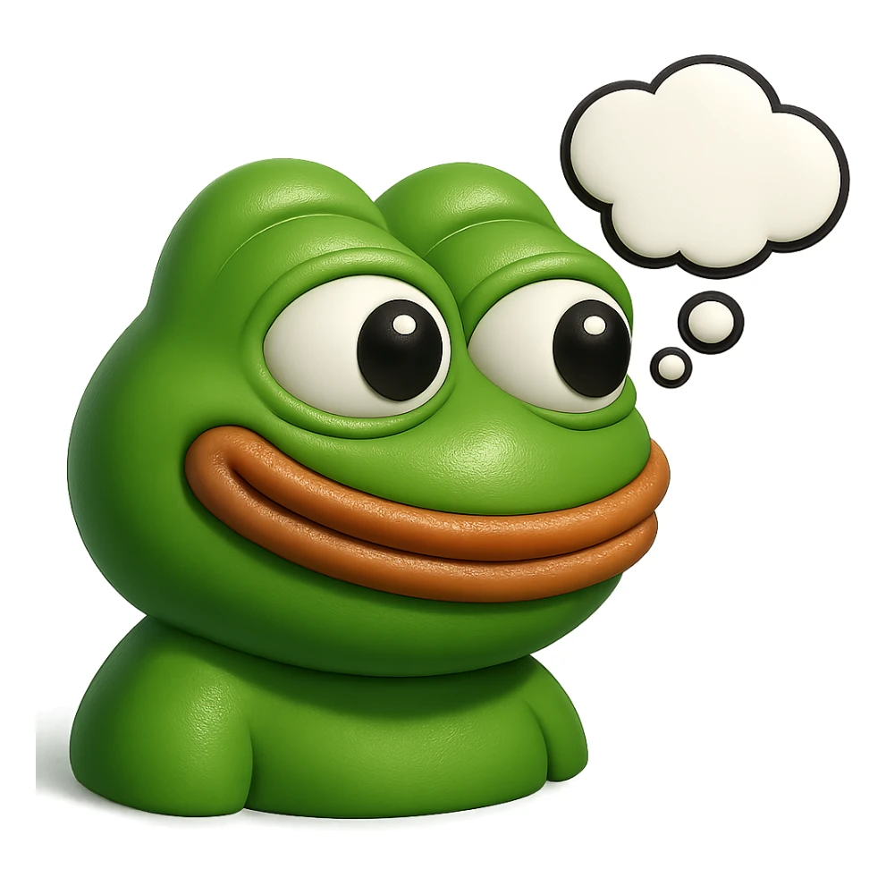 make a pepe in bright green smiling with thought bubble looking at right side in 3d style, good highlights and shadows, drop shadows sticker