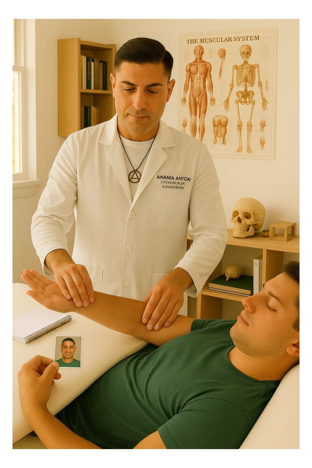 a middle-aged man, dressed in casual professional attire, is in a bright, organized therapy studio. Durante una visita di kinesiologia, il ragazzo tiene con una mano la foto di una persona lontana (il “testimone”) tiene la foto in mano, mentre con l’altra mano esegue un test muscolare su un cliente presente senza foto lui non tiene la foto. Sullo sfondo si vedono libri di kinesiologia, poster anatomici e strumenti tipici della disciplina. L’atmosfera è concentrata e serena, con luce naturale che entra dalla finestra, sottolineando l’aspetto alternativo e umano della pratica. sticker