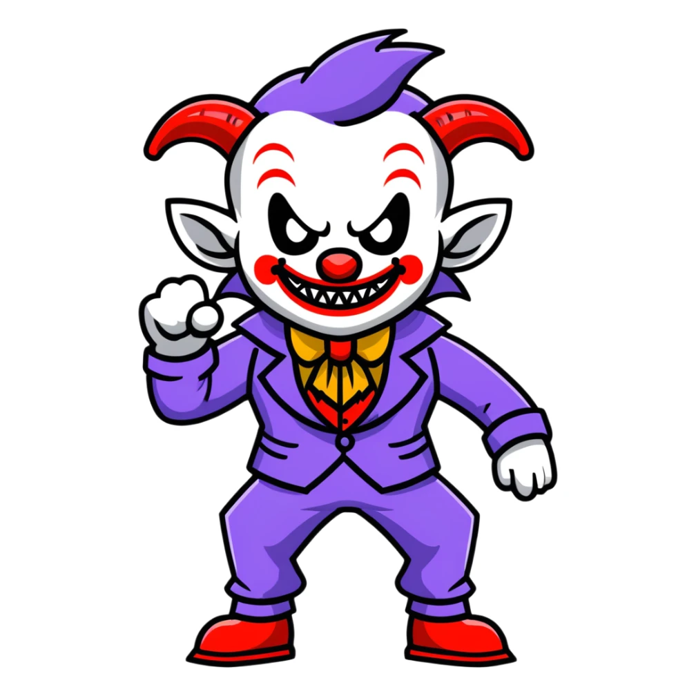 evil clown in a leisure suit with billy goat horns, fangs, pointed ears, standing in a fighting posture, battle-ready soldier sticker