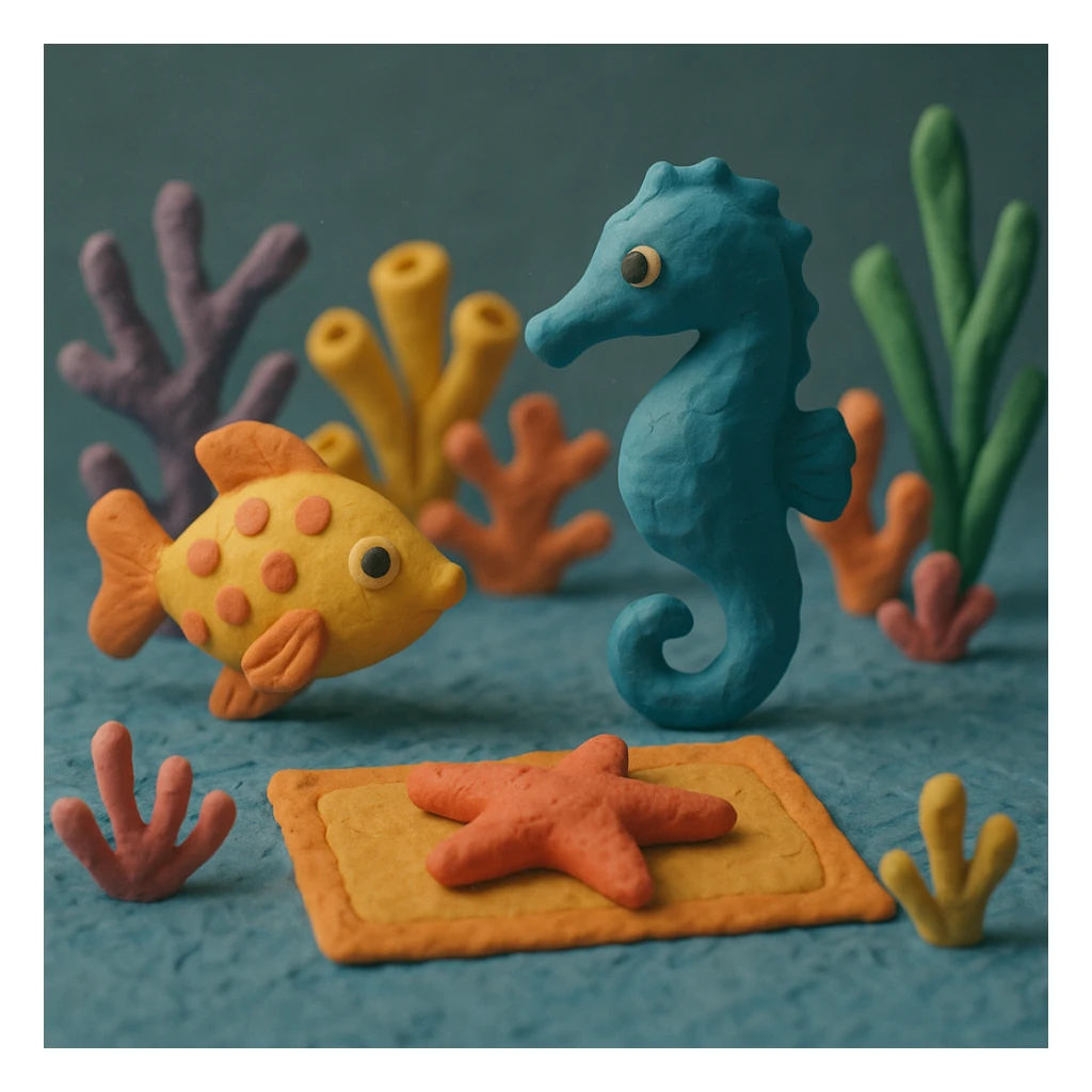 carpet on the sea floor, with textured clay corals and sea creatures, claymation style sticker
