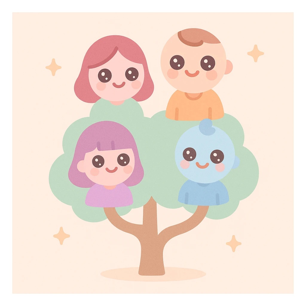 a tree where each branch ends in a stylized family member, representing connection, soft friendly style sticker