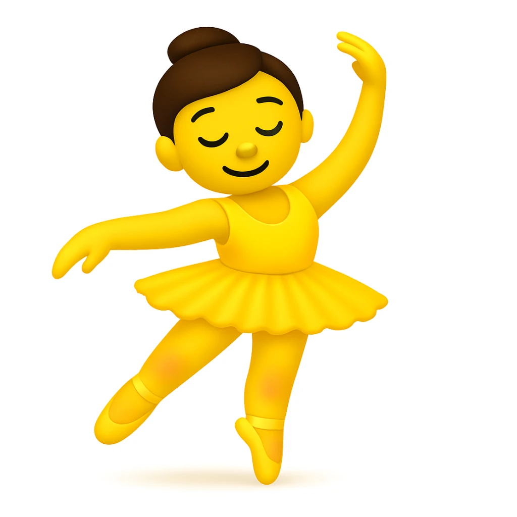 Keep the image just like the reference but make the skin color classic yellow emoji skin in iOS emoji style. Same pose, yellow tutu, elegant, smooth, and shiny. Add a slight blush to the knees. The style should resemble classic yellow iOS emoji skin tone and texture. sticker
