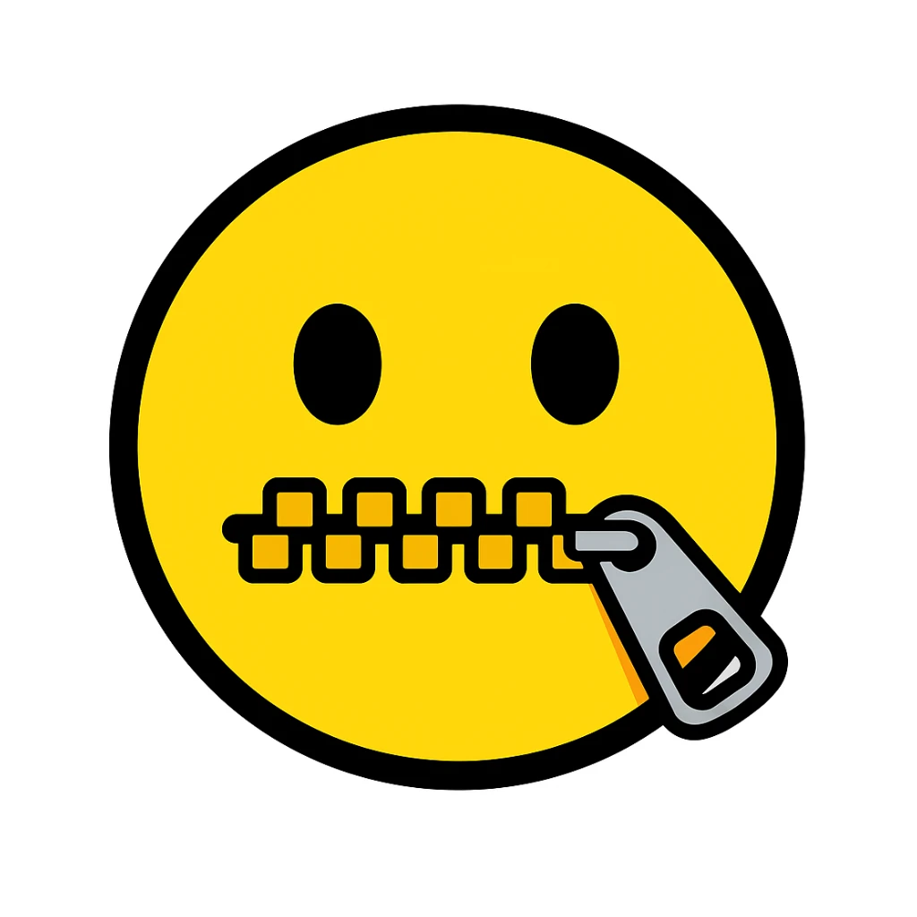 Crea una versione colorata in stile emoji classico, ispirata a questa immagine: emoji gialla con occhi semplici e bocca chiusa da una cerniera. sticker