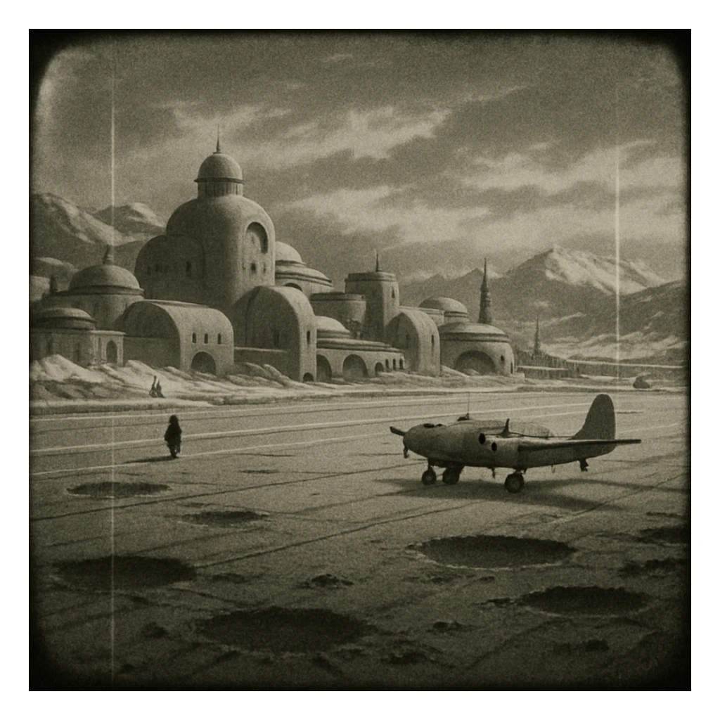 8mm film black and white, no color, light leaks. the image shows post-war reconstruction-era life in the z'rian commonwealth capital region, santa-fe neo-adobe futuristic architechture. arctic temperate region. the image shows a vast airstrip, craters and blast marks sticker