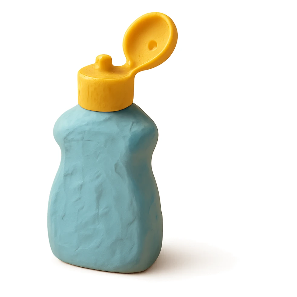 close-up of dish soap bottle in claymation style with cap open, soft lighting, pastel colors sticker