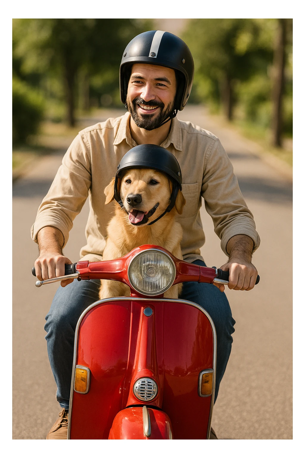 man and his pet dog riding a vespa sticker